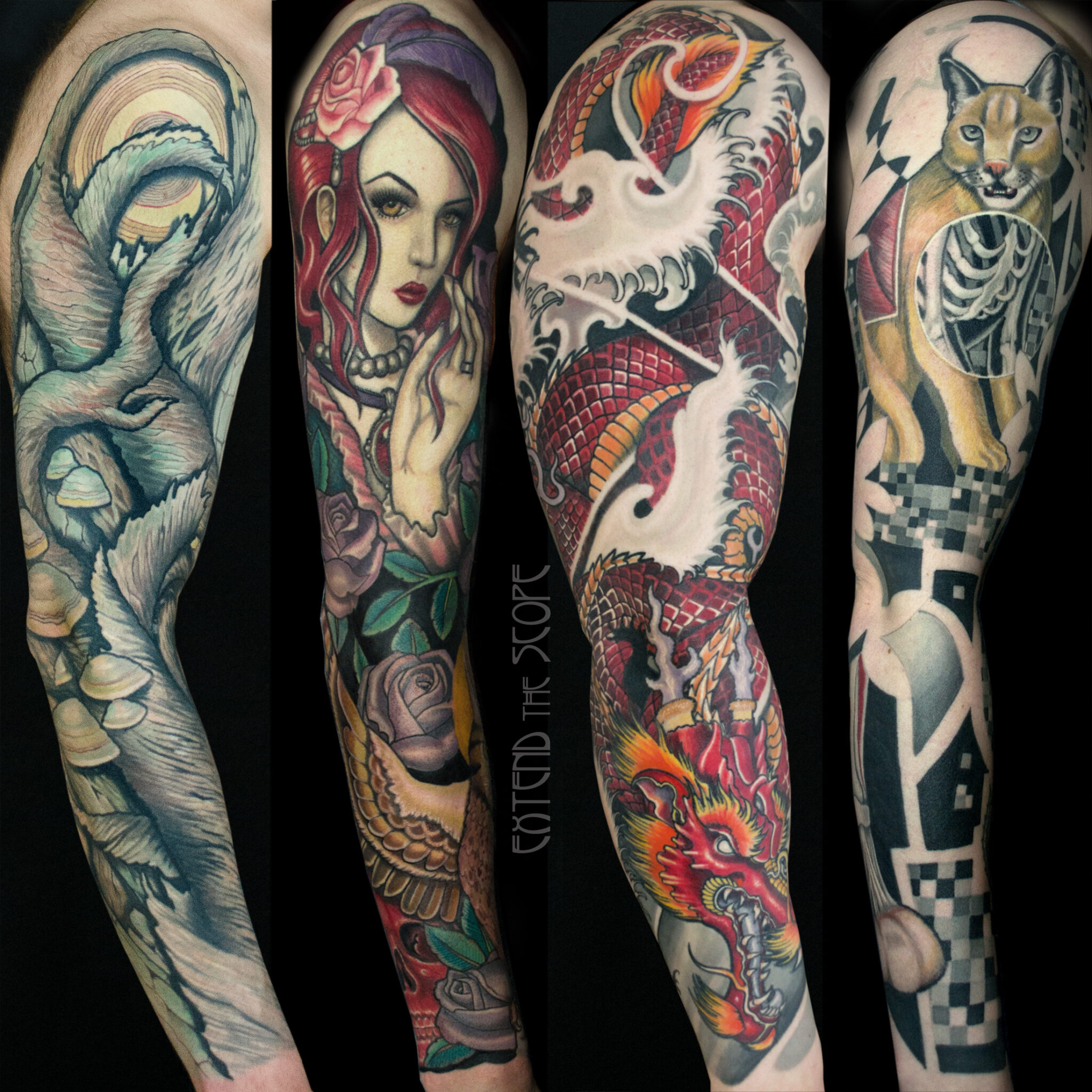 Ansichten von vier verschiedenen Tattoo-Fullsleeves von Extend the Scope in Traditional, Illustrativ, Asia, Japanese, Farbrealismus und Blackwork, Grafik