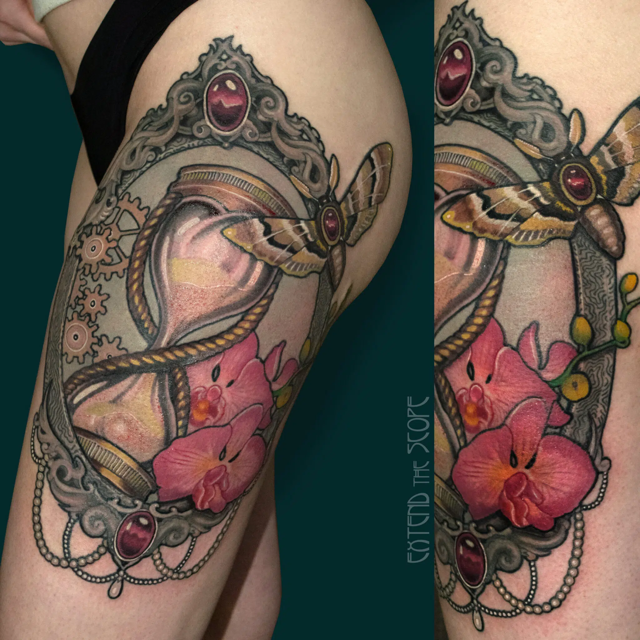 Oberschenkeltattoo mit Sanduhr, Nachtfalter und Blüten von Denis Lamm Extend the Scope Tattoo Göttingen