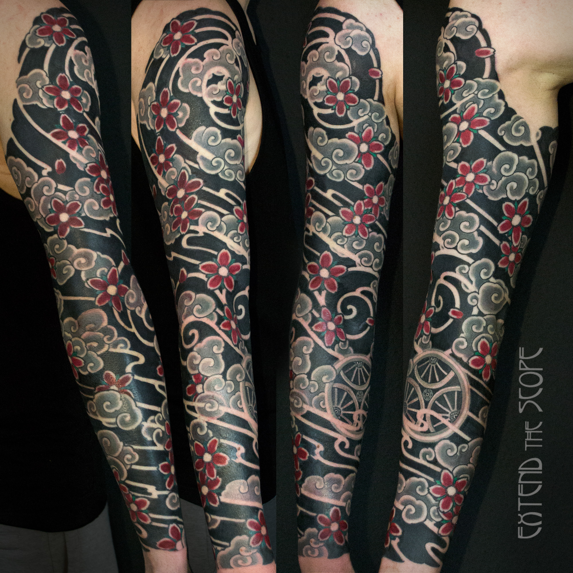 Japansleeve Asiatattoo Kirschblüten Sakura Mon Blackwork Mikiri