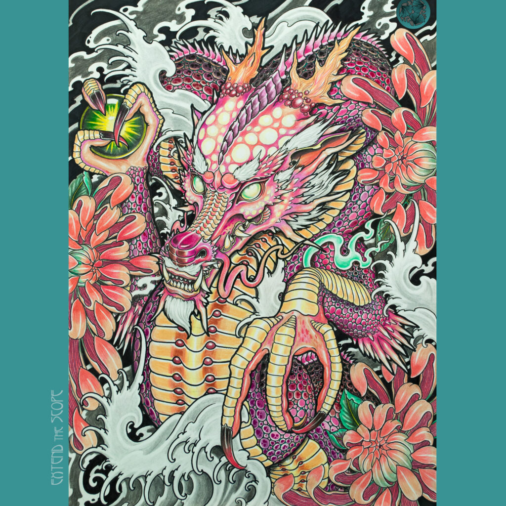 Handzeichnung eines Drachen in pink mit Chrysanthemen