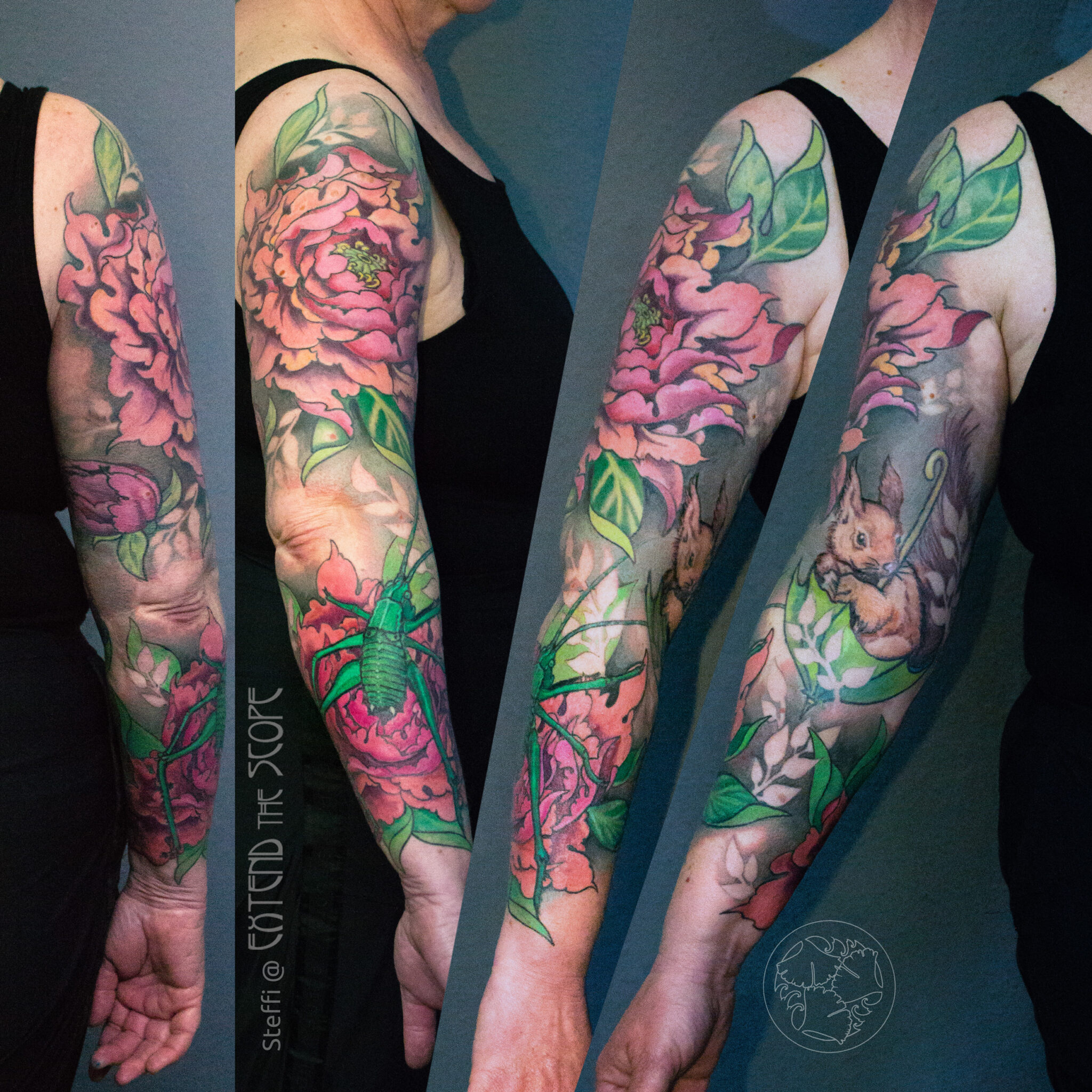Fullsleeve Pfingstrosen Pflanzen Blüten Eichhörnchen Grashüpfer Extend the Scope Tattoo Göttingen