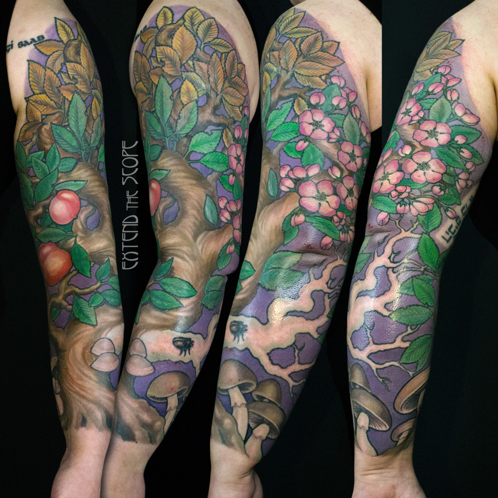 Cover-Up Arm Fullsleeve Coversleeve mit vier-Jahreszeiten-Baum Apfelbaum und Pilzen Extend the Scope Göttingen