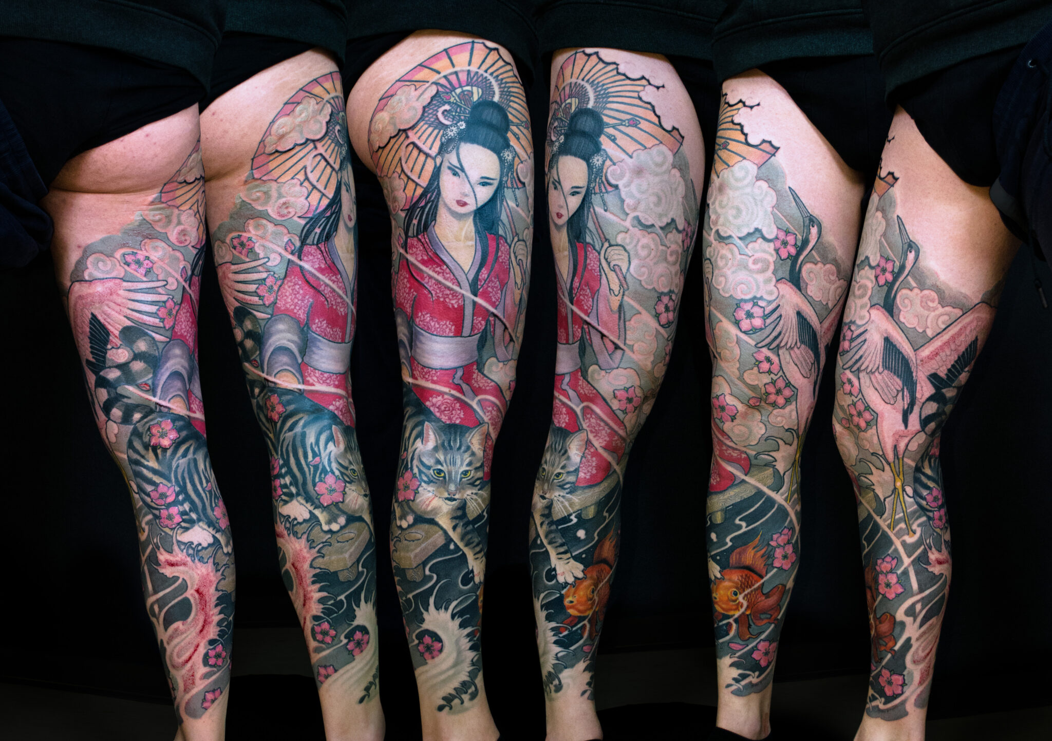 Beintattoo Legsleeve neojapanese Katze Geisha Kranich Goldfisch Extend the Scope Göttingen