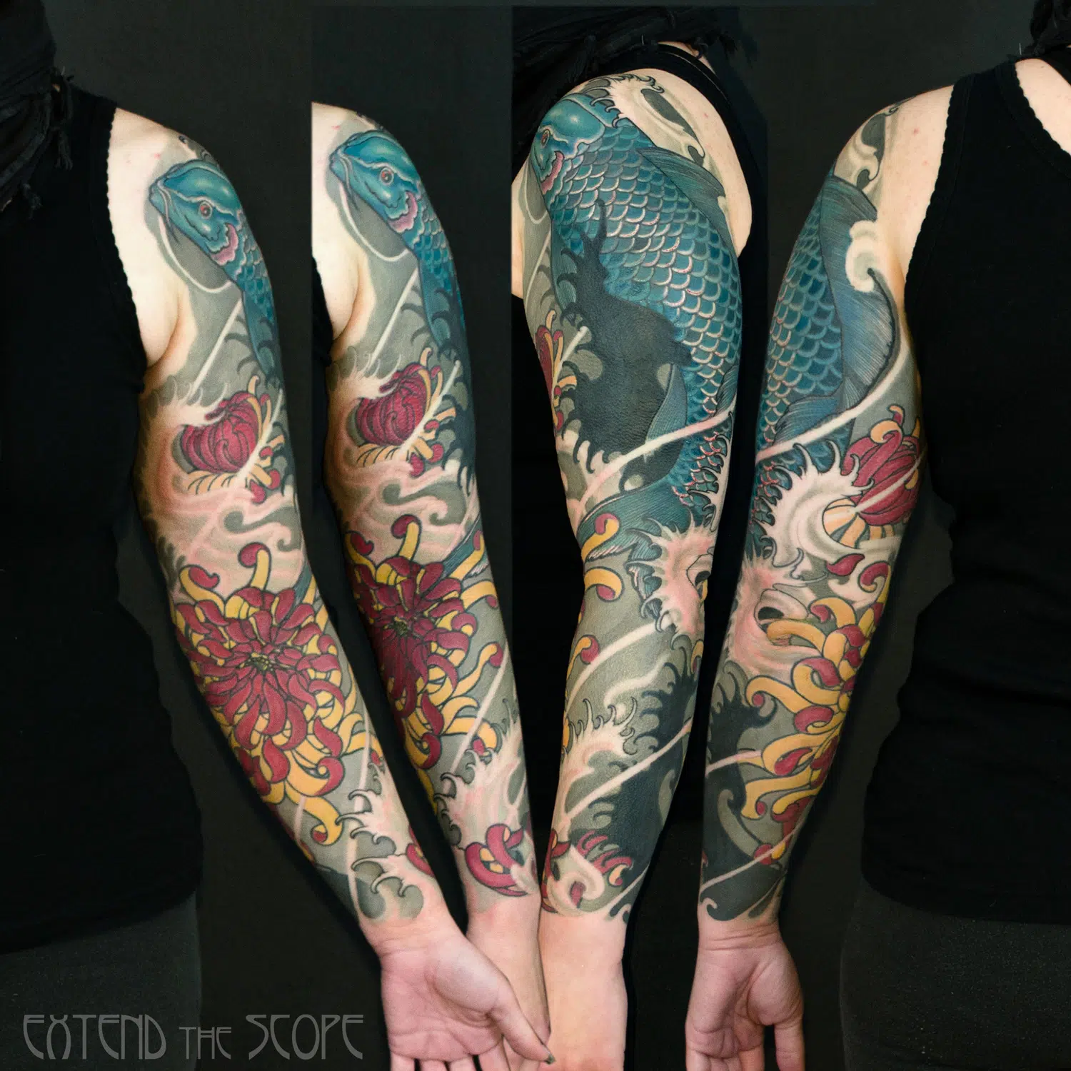 Extend the Scope Göttingen Fullsleeve Tattoo Arm mit Koi Karpfen Cover-Up und Blüten