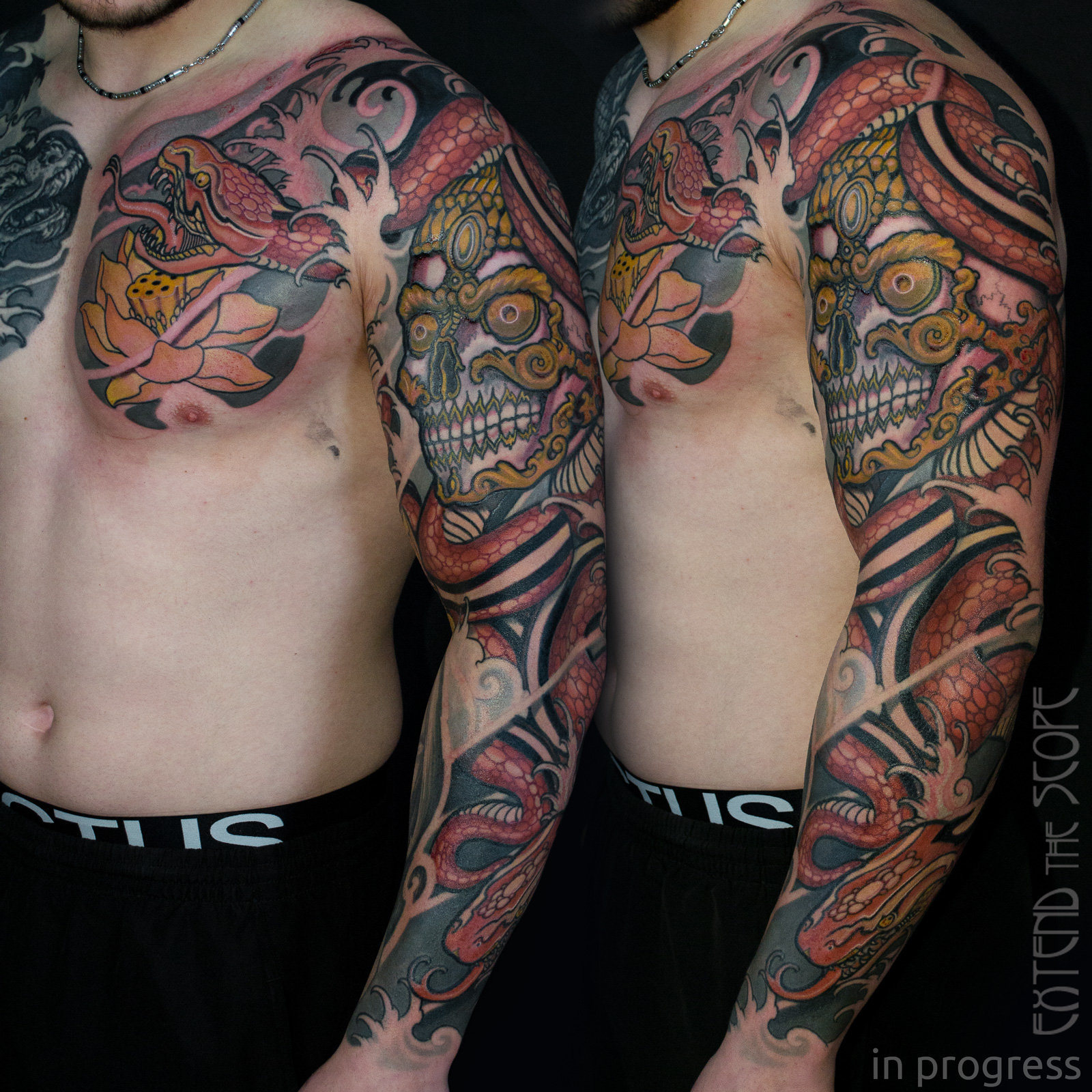 Fullsleeve mit Schlangen und Tibet-Skull Extend the Scope Tattoo Göttingen