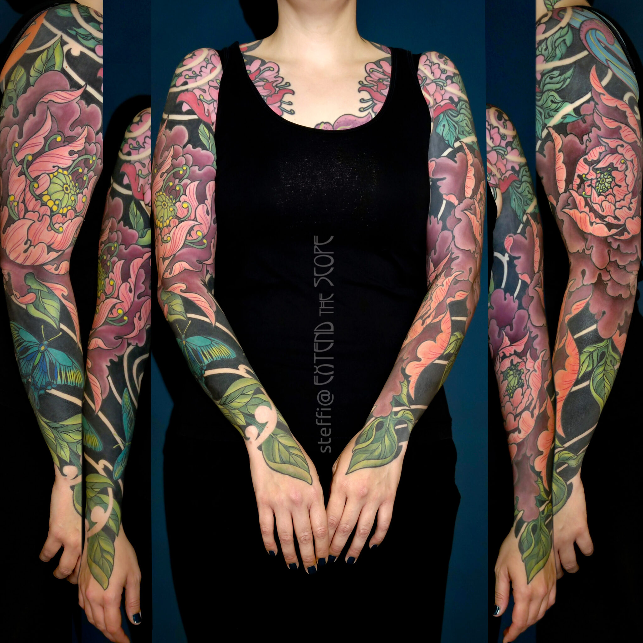 Bunte neojapanese Fullsleeves und Handtattoos Blumen Schmetterlinge Bodysuit Extend the Scope Tattoo Göttingen