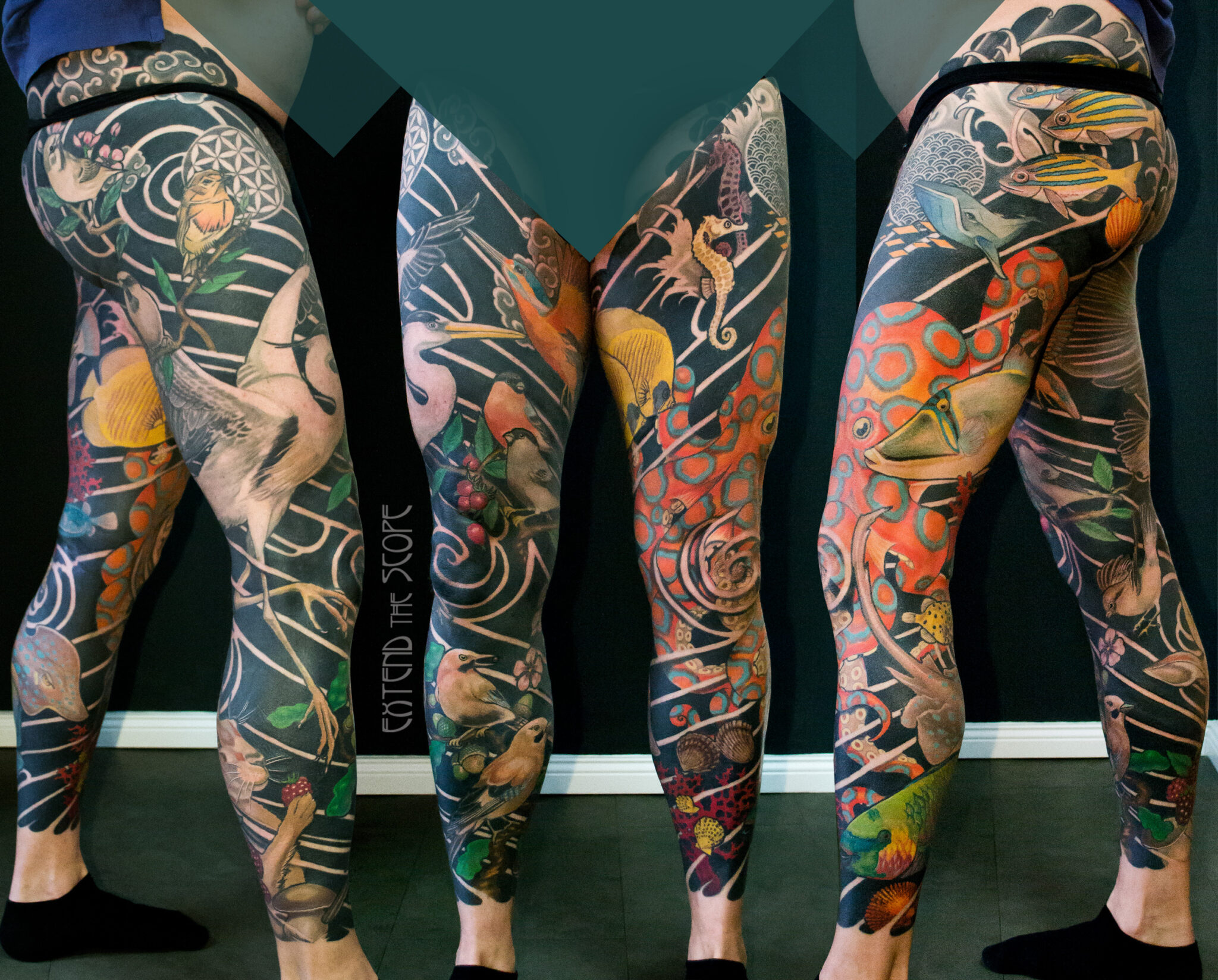 Beine Beintattoos Wassertiere und Lufttiere illustrativer Halbrealismus Asia Blackwork Extend the Scope Tattoostudio Göttingen