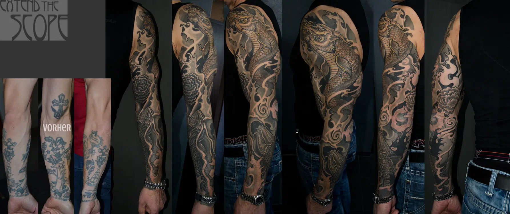 Armtattoo Cover-Up Koi und Dragonkoi Fullsleeve Extend the Scope Göttingen