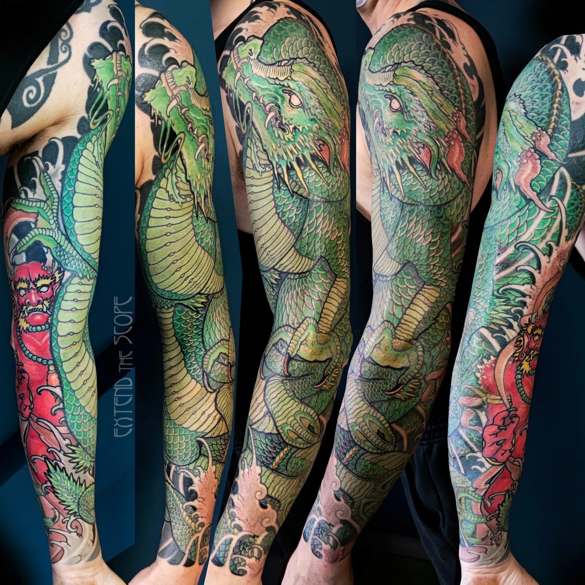 Armtattoo Dragon Drache Fullsleeve mit Oni neojapanese Tattoo Extend the Scope Göttingen