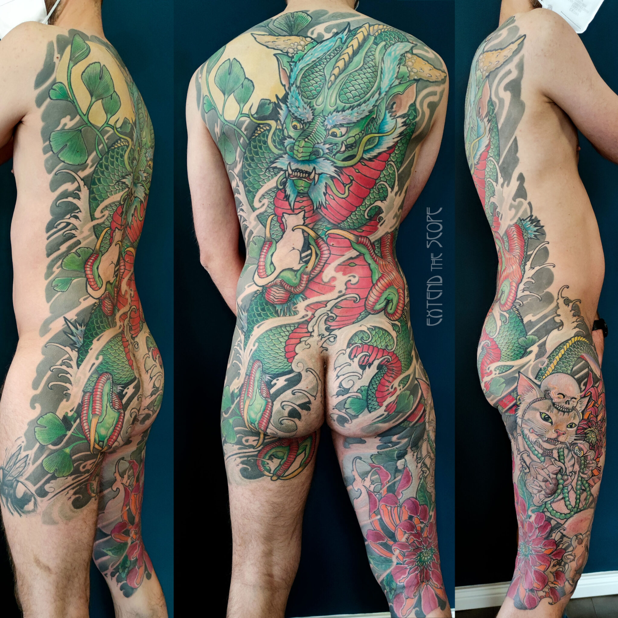 Rücken Bodysuit grüder Drache mit Katze, Bakeneko am Oberschenkel, Neojapanese Asiatattoo Extend the Scope Göttingen