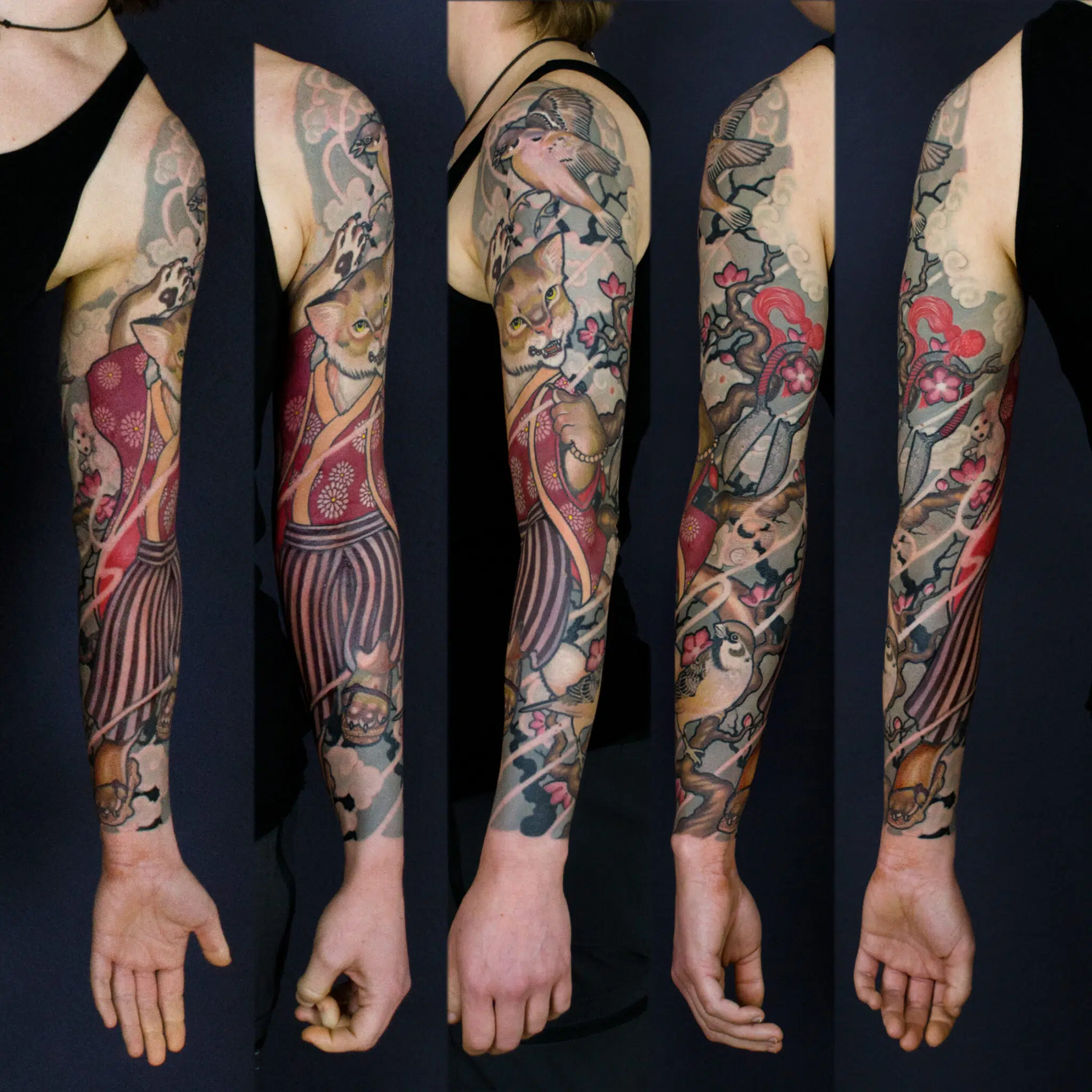 Tätowierter Arm mit einem illustrativen Fullsleeve Tattoo zu einer japanischen Sage mit einer tanzenden Katze und Vögeln von Denis Lamm Extend the Scope Göttingen