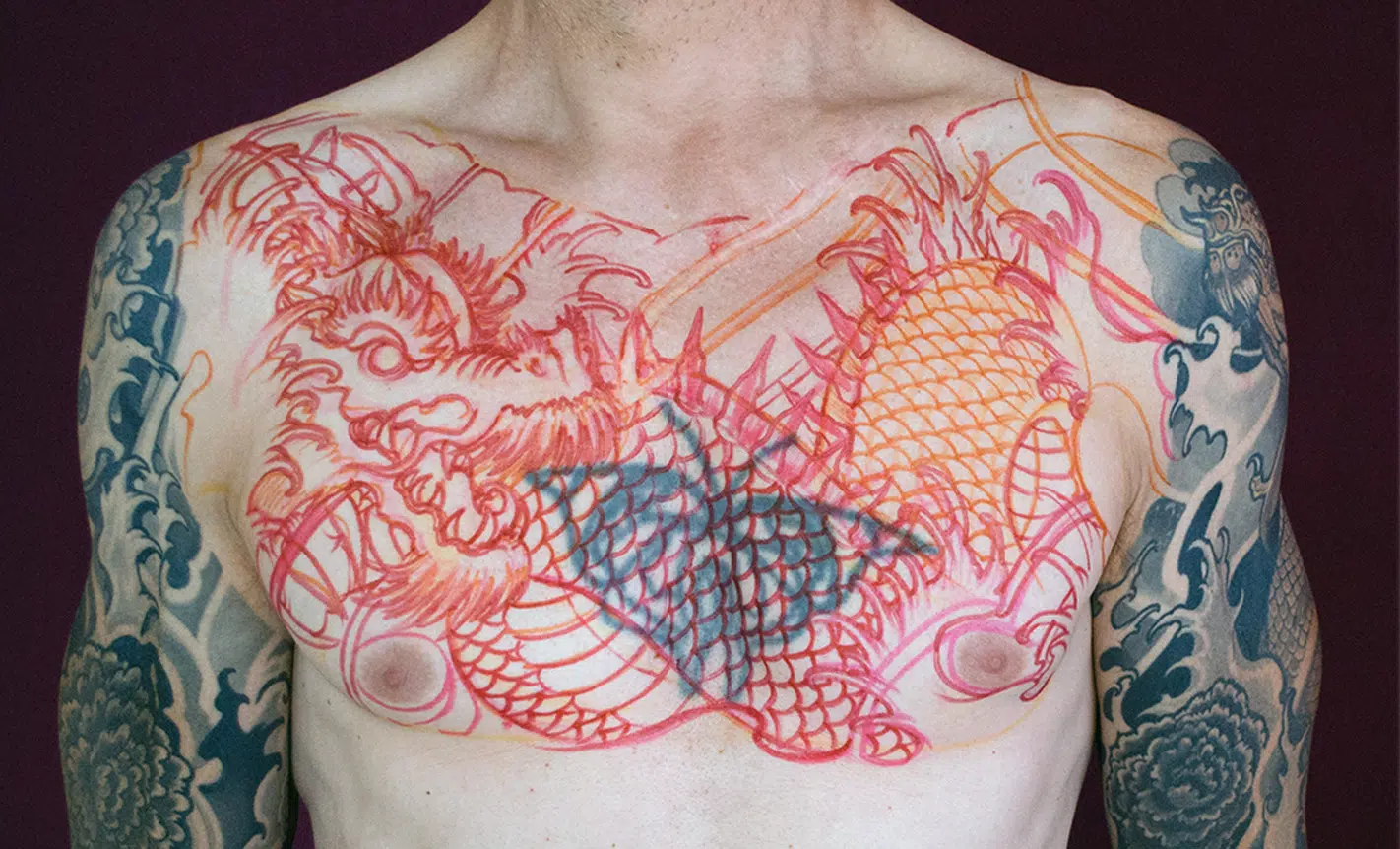 Freihandzeichnung CoverUp Tattoo Drache Denis Lamm Extend the Scope