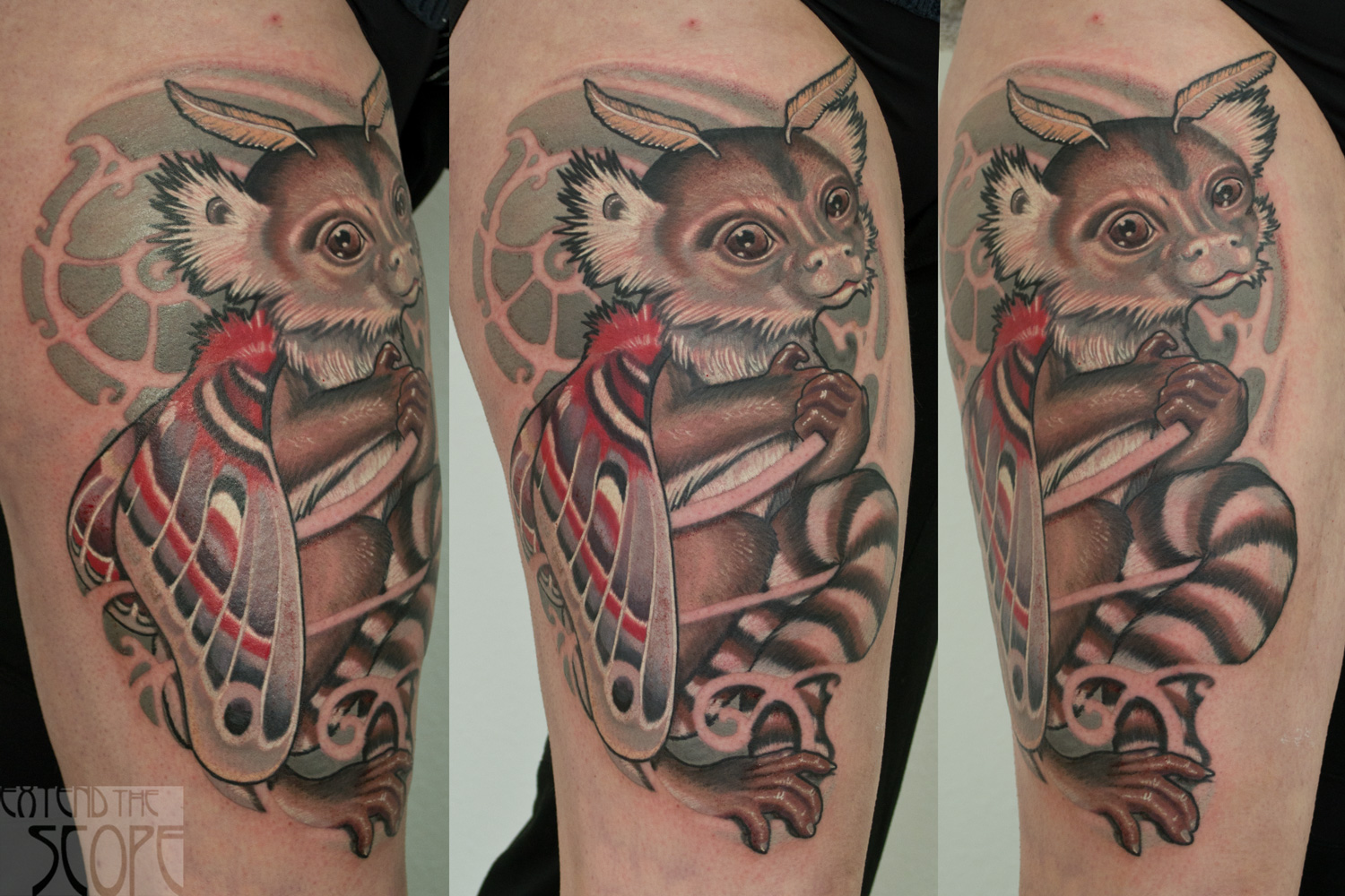 Tattoo Motte Affe farbiger Halbrealismus Extend the Scope Tattoo Göttingen