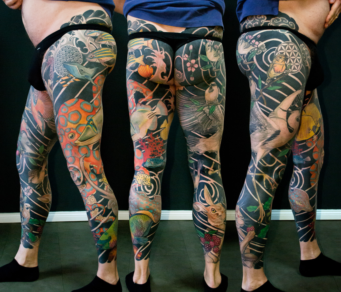 Legsleeves Wassertiere und Lufttiere mit Blackwork-Hintergrund Extend the Scope Göttingen