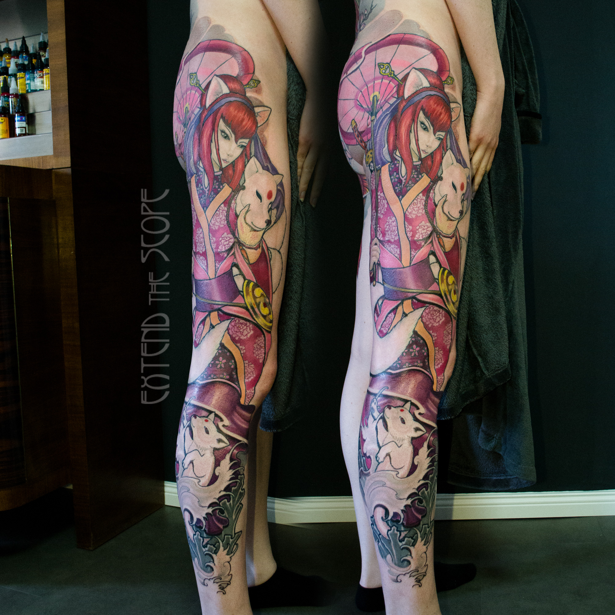 japanese Kitsune Fuchs Bein-Tattoo Legsleeve Anime