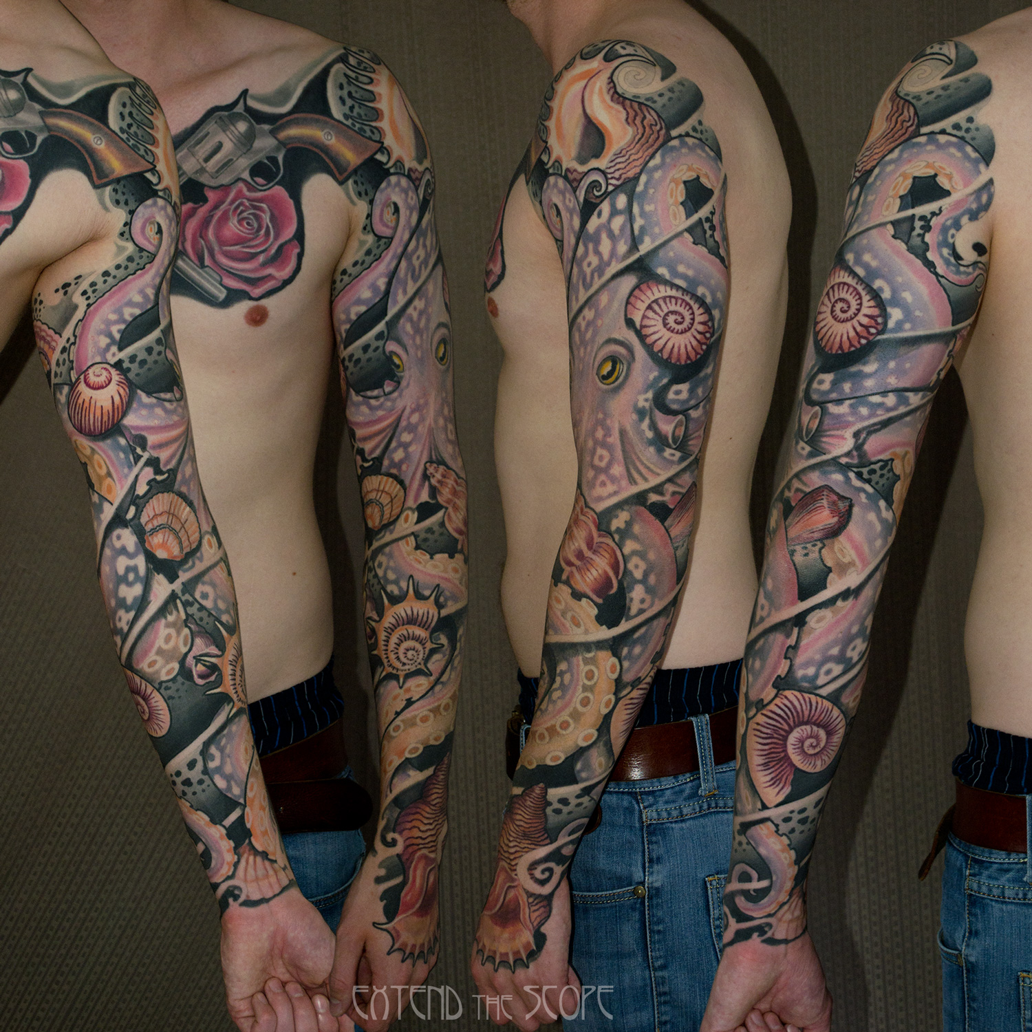Bunter Kraken Octopus Arm Sleeve mit Muscheln verheilt von Extend the Scope Tattoo Göttingen
