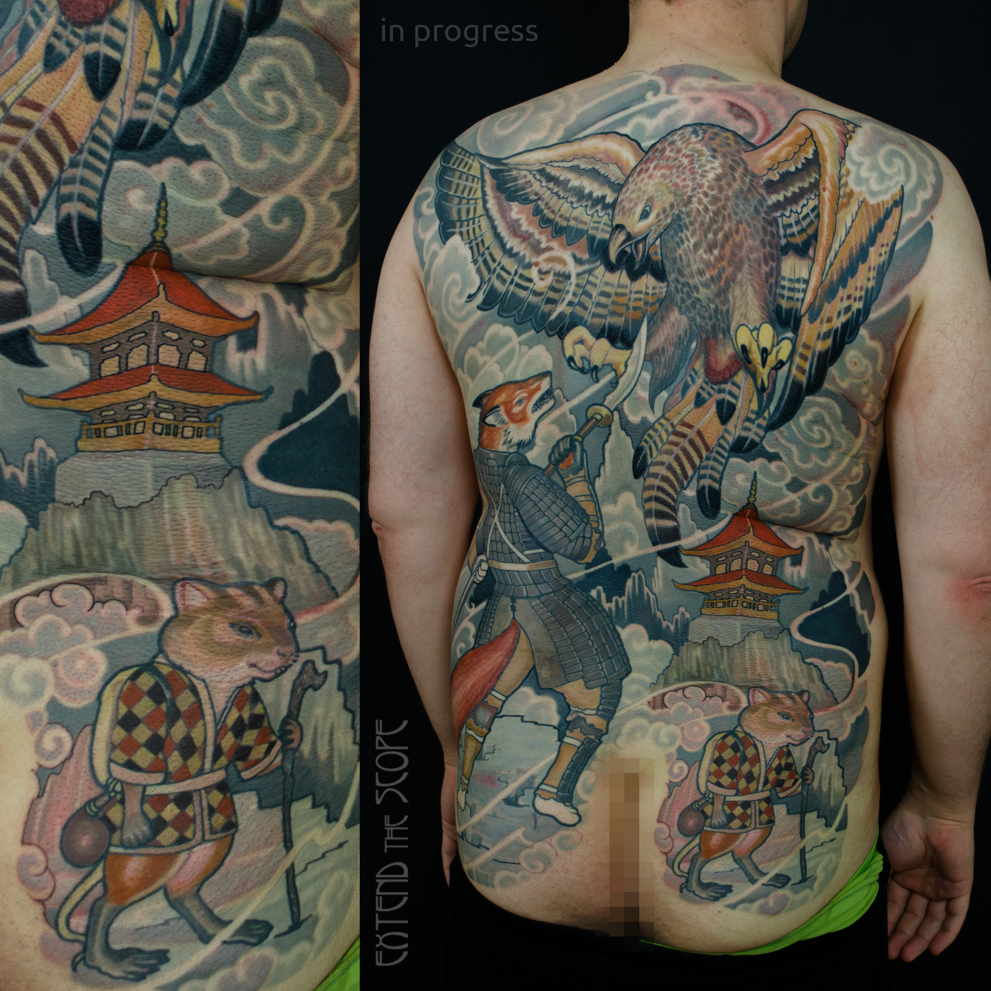 Backpiece mit Vogel, Fuchs und Maus Neojapanese Extend the Scope Göttingen