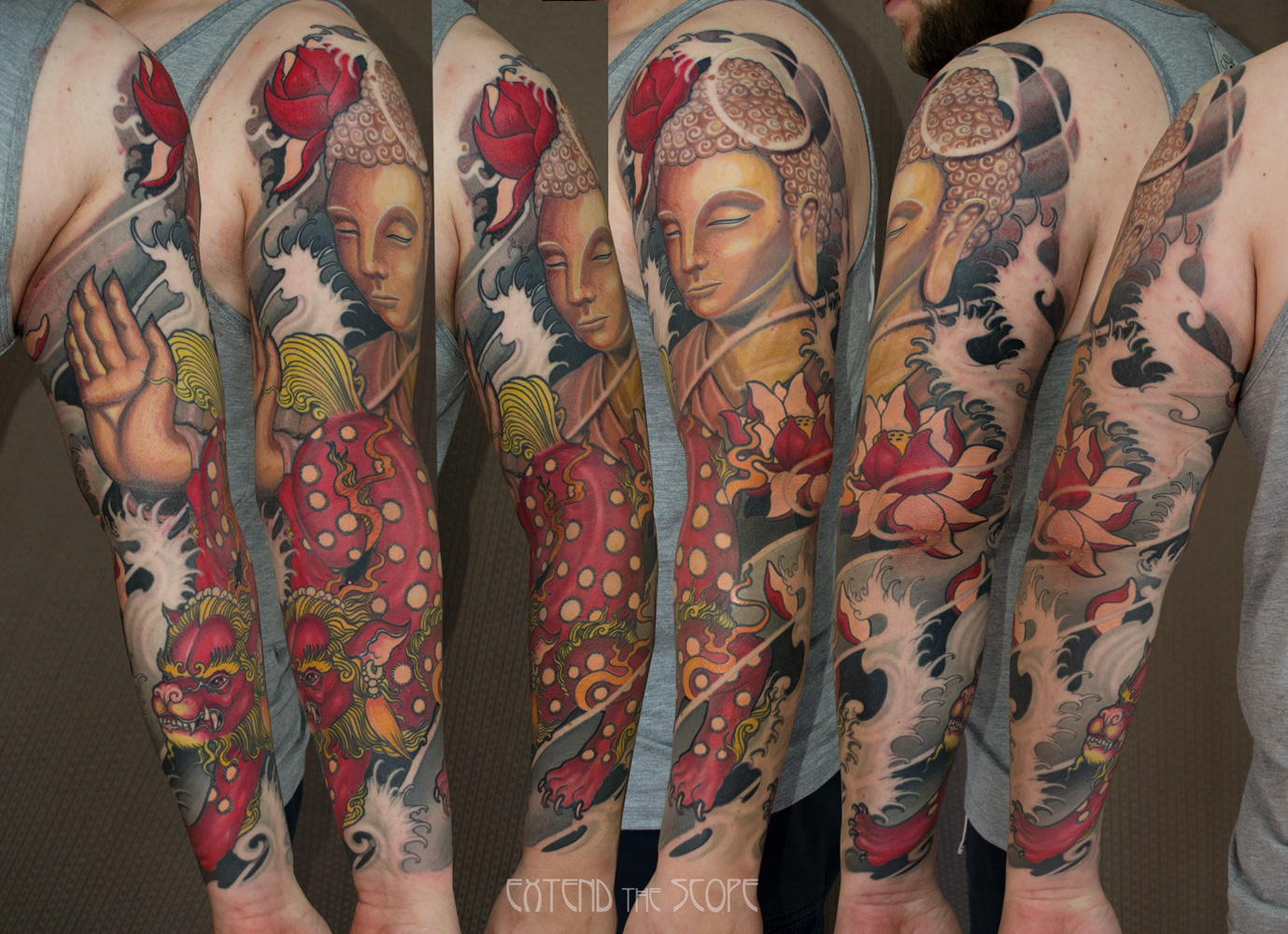 Fullsleeve Japanese Foo-Dog Löwenhung Buddha Lotos Extend the Scope Tattoo Göttingen