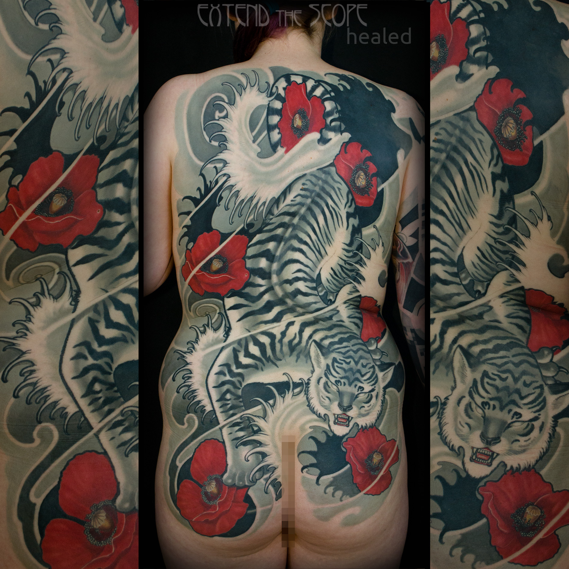 neojapanese Tiger und realistic Mohnblüten Backpiece Extend the Scope Tattoo Göttingen